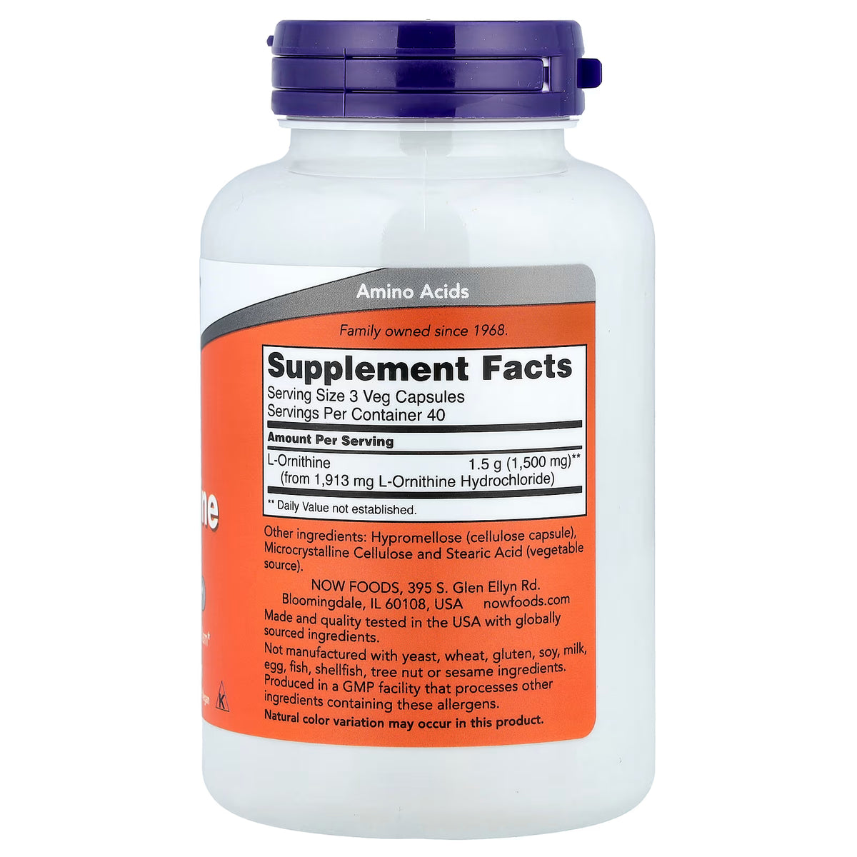 L-Ornithine, 500mg — 120 cápsulas vegetales