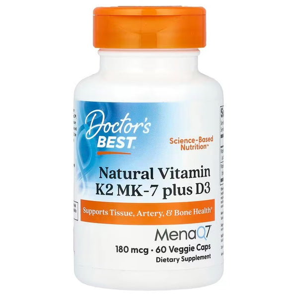 Vitamine K2 MK7 naturelle avec MenaQ7 plus D3, 180 mcg - 60 gélules végétales