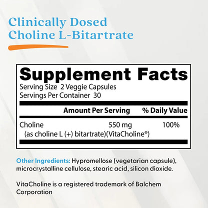 Choline L-Bitartrate, 550mg — 60 cápsulas vegetales