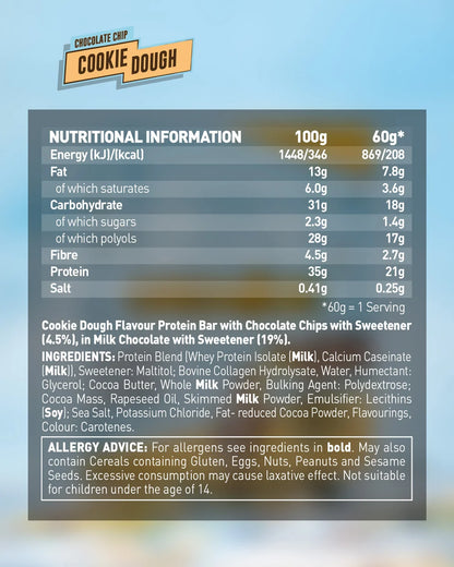 Protein Bars, Chocolate Chip Cookie Dough - 12 x 60g
