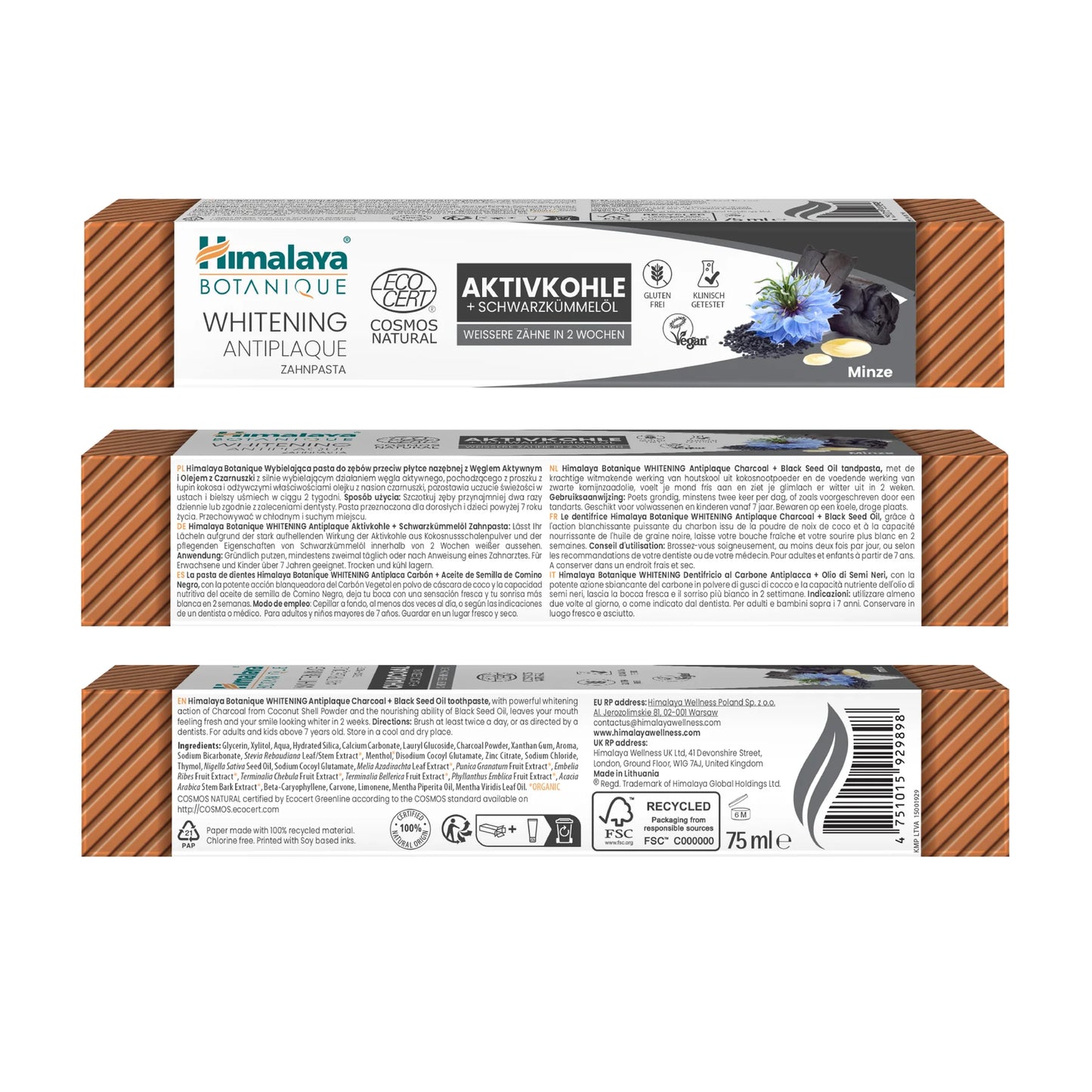 Whitening Antiplaque Toothpaste Charcoal + Black Seed Oil, Mint - 75ml.